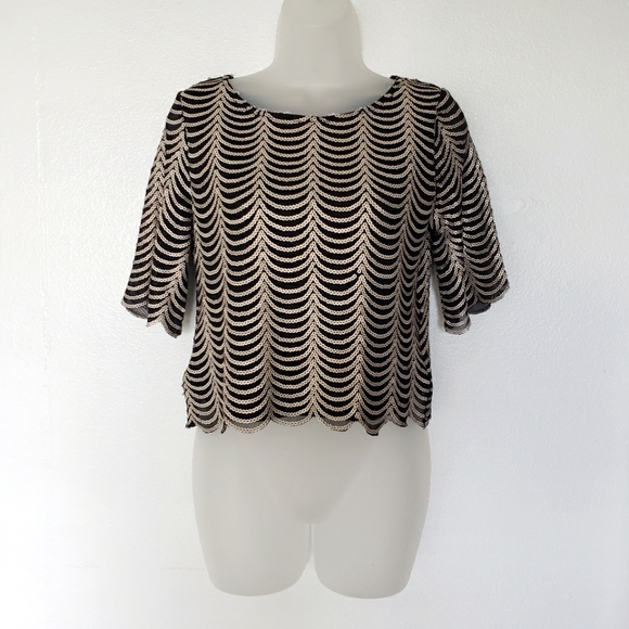 Emmelee Sequin Scalloped Hem Shirt Size XS Black Lightweight Ivory Accent - Picture 2 of 9